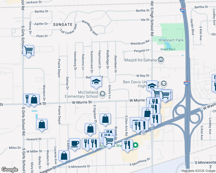map of restaurants, bars, coffee shops, grocery stores, and more near 1032 Emory Lane in Indianapolis