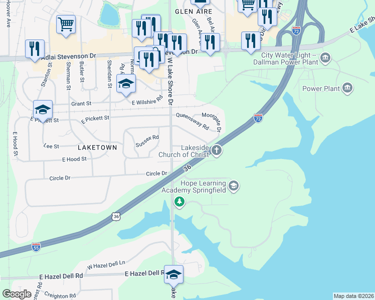 map of restaurants, bars, coffee shops, grocery stores, and more near 2633 Kent Drive in Springfield