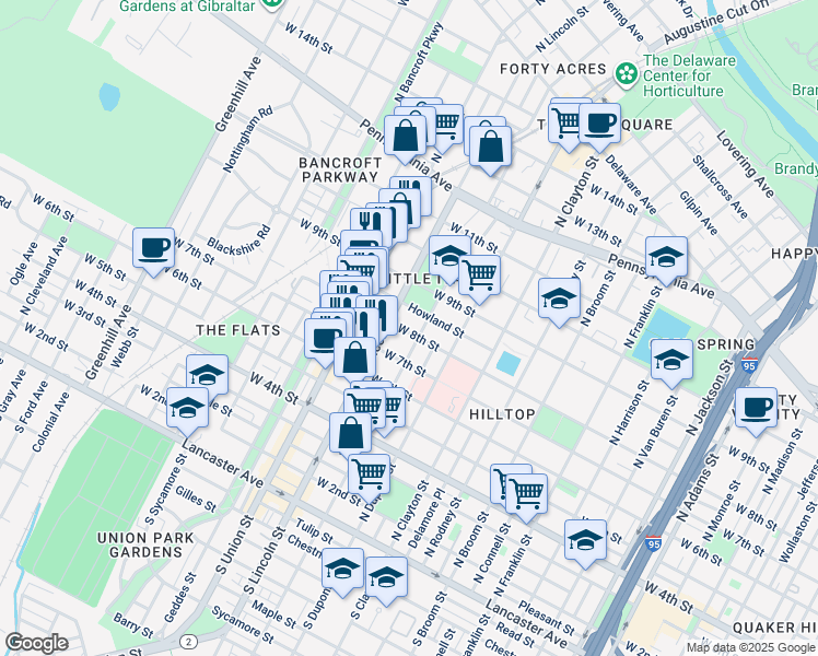map of restaurants, bars, coffee shops, grocery stores, and more near 1817 West 8th Street in Wilmington