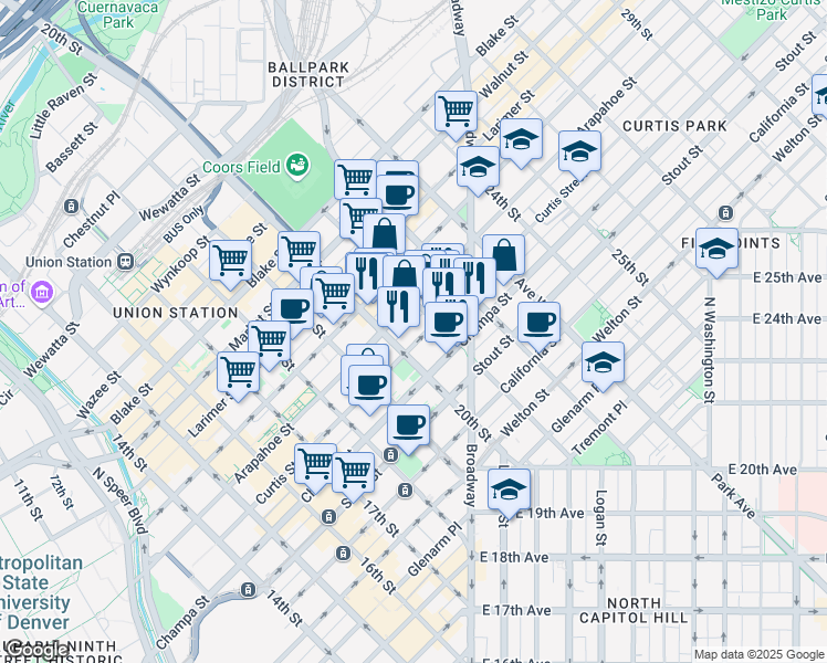 map of restaurants, bars, coffee shops, grocery stores, and more near 2031 Curtis Street in Denver