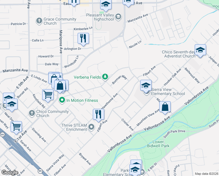 map of restaurants, bars, coffee shops, grocery stores, and more near 831 Shepard Lane in Chico