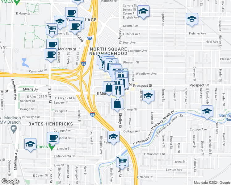 map of restaurants, bars, coffee shops, grocery stores, and more near 1028e East Morris Street in Indianapolis