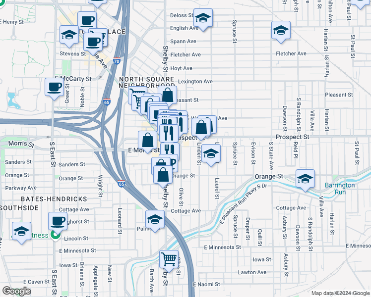 map of restaurants, bars, coffee shops, grocery stores, and more near 1123 Olive Street in Indianapolis
