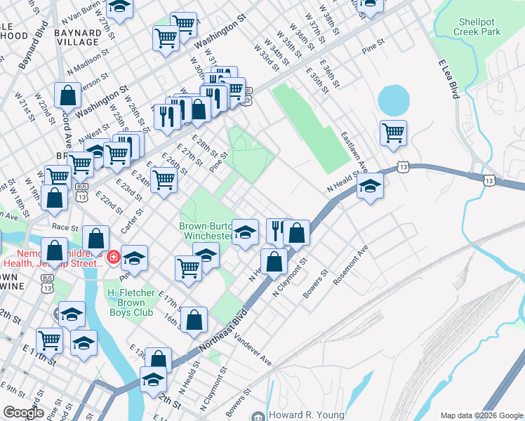 map of restaurants, bars, coffee shops, grocery stores, and more near 841 East 27th Street in Wilmington