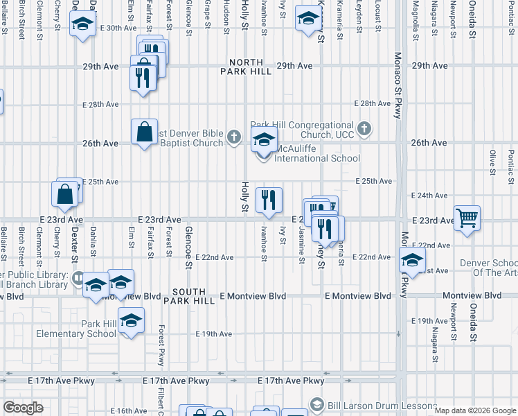 map of restaurants, bars, coffee shops, grocery stores, and more near 2316 Holly Street in Denver