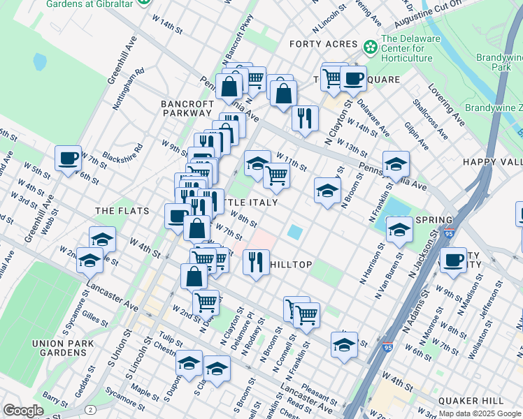map of restaurants, bars, coffee shops, grocery stores, and more near 813 North Dupont Street in Wilmington