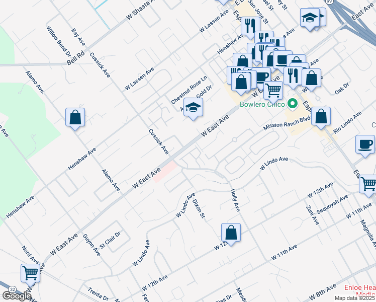 map of restaurants, bars, coffee shops, grocery stores, and more near 31 Pebblewood Pines Drive in Chico