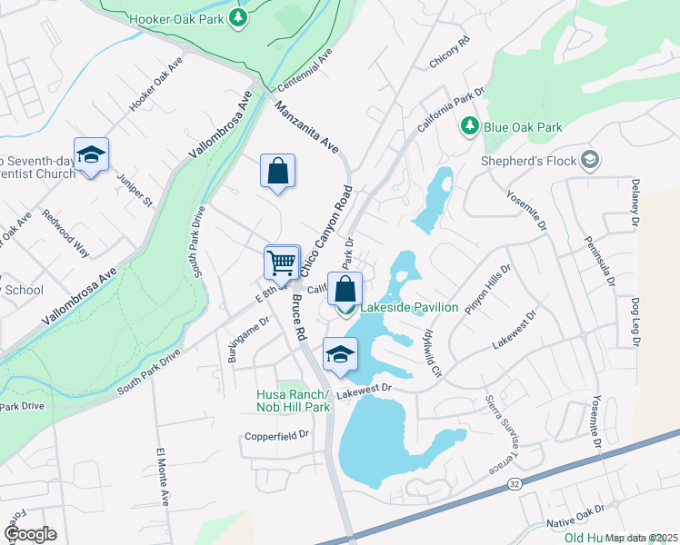map of restaurants, bars, coffee shops, grocery stores, and more near 302 California Park Drive in Chico