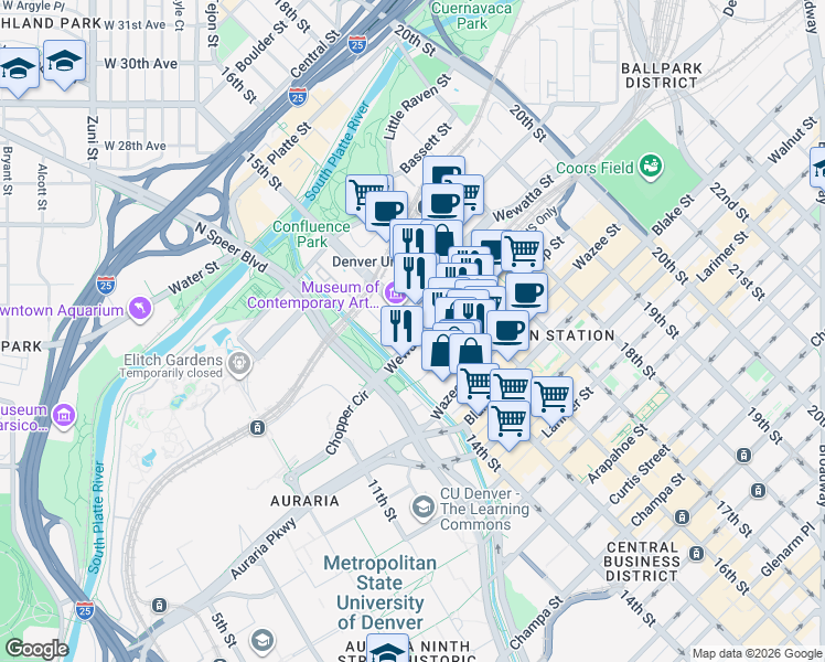 map of restaurants, bars, coffee shops, grocery stores, and more near in Denver