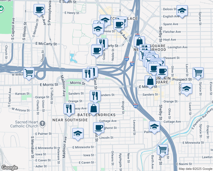 map of restaurants, bars, coffee shops, grocery stores, and more near 618 East Morris Street in Indianapolis