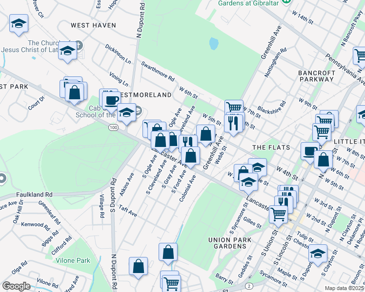 map of restaurants, bars, coffee shops, grocery stores, and more near 201 North Gray Avenue in Wilmington