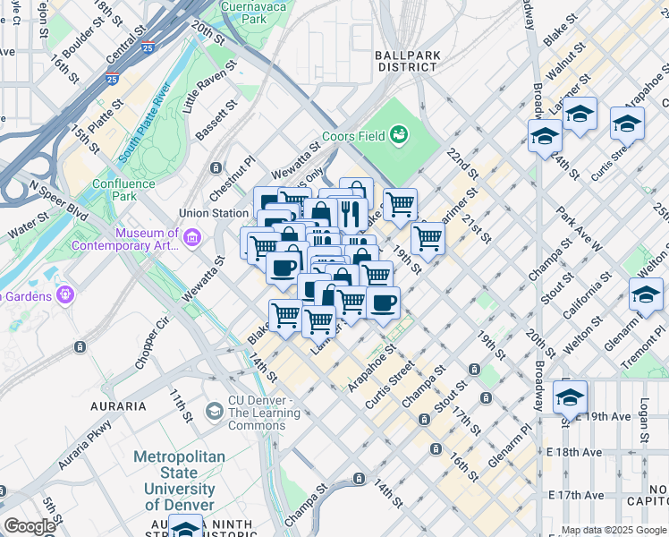 map of restaurants, bars, coffee shops, grocery stores, and more near 1730 Blake Street in Denver