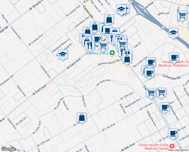 map of restaurants, bars, coffee shops, grocery stores, and more near 308 Mission Serra Terrace in Chico