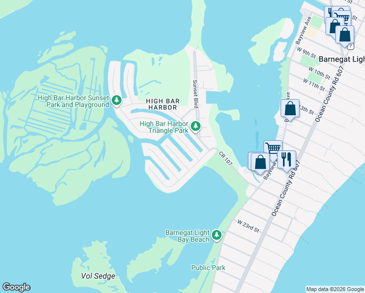 map of restaurants, bars, coffee shops, grocery stores, and more near 26 Amherst Rd in Long Beach
