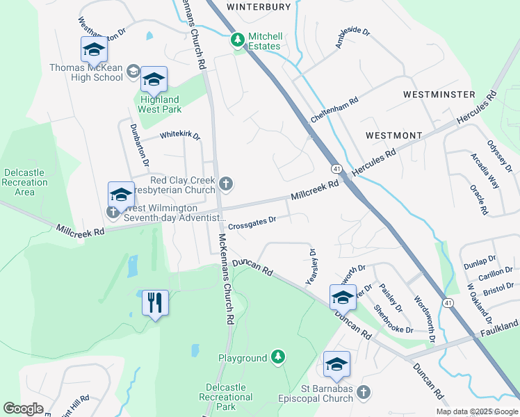 map of restaurants, bars, coffee shops, grocery stores, and more near 2616 Millcreek Road in Wilmington