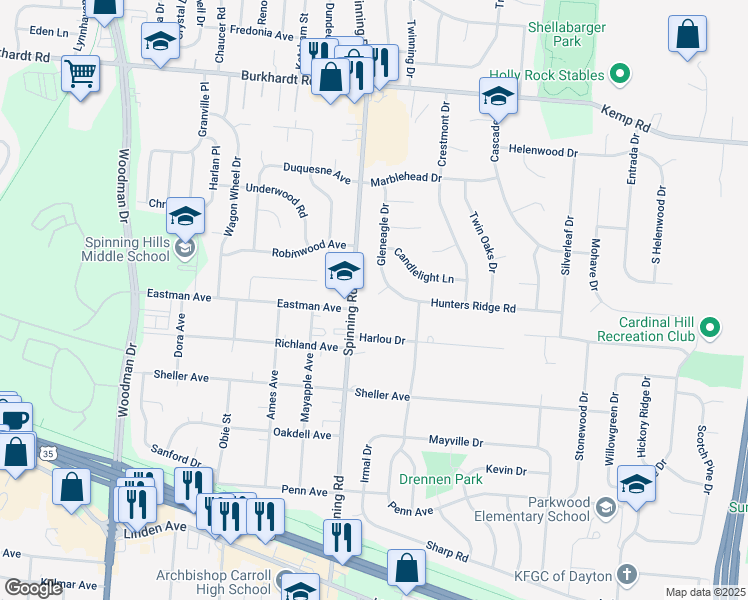 map of restaurants, bars, coffee shops, grocery stores, and more near 5506 Snowbank Court in Riverside