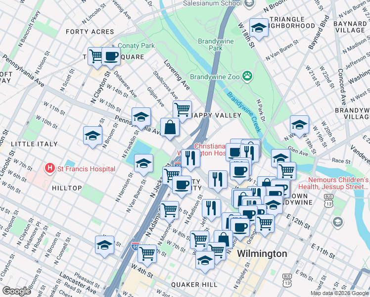 map of restaurants, bars, coffee shops, grocery stores, and more near 911 Delaware Ave in Wilmington