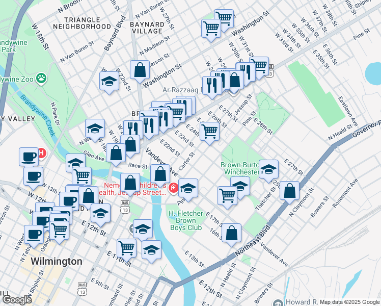 map of restaurants, bars, coffee shops, grocery stores, and more near 2227 Carter Street in Wilmington