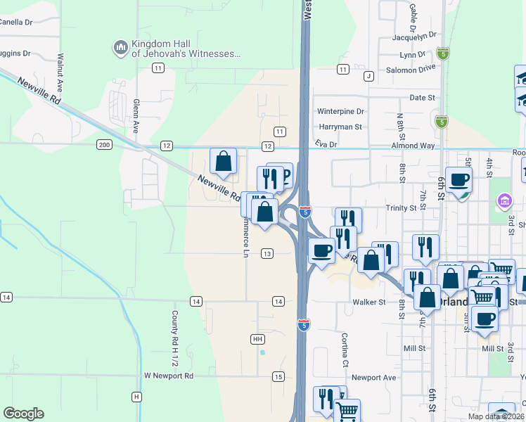 map of restaurants, bars, coffee shops, grocery stores, and more near County Road 200 in Orland