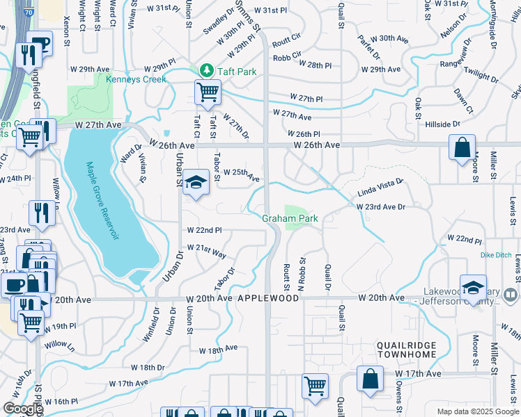 map of restaurants, bars, coffee shops, grocery stores, and more near 11600 Carmel Drive in Lakewood