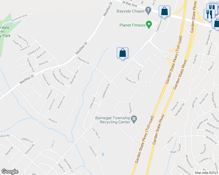map of restaurants, bars, coffee shops, grocery stores, and more near 693 Lighthouse Drive in Barnegat Township