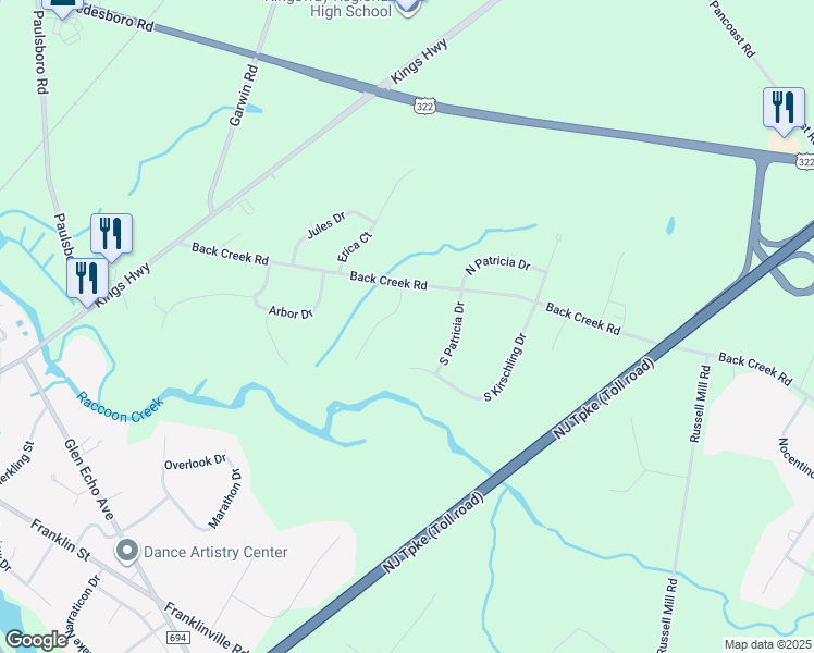 map of restaurants, bars, coffee shops, grocery stores, and more near 16 Regal's Court in Woolwich Township