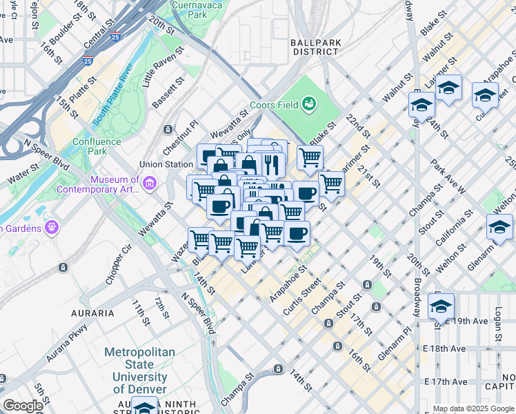 map of restaurants, bars, coffee shops, grocery stores, and more near 1732 Blake Street in Denver