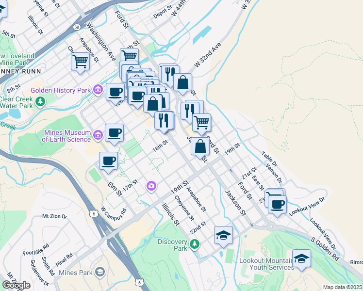 map of restaurants, bars, coffee shops, grocery stores, and more near 1623 Washington Avenue in Golden