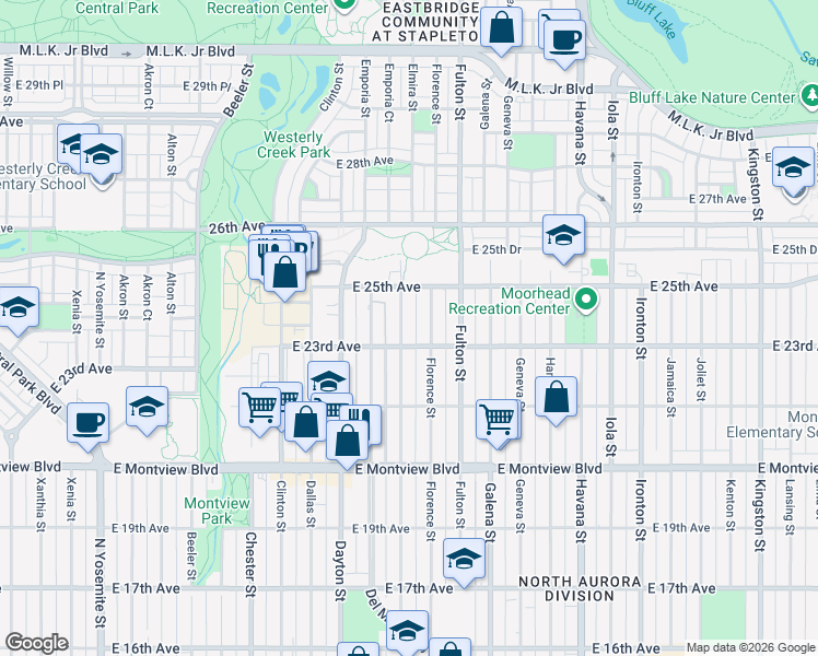 map of restaurants, bars, coffee shops, grocery stores, and more near 2324 Elmira Street in Aurora