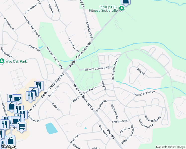 map of restaurants, bars, coffee shops, grocery stores, and more near Kelly Drive in Winslow Township