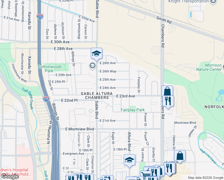 map of restaurants, bars, coffee shops, grocery stores, and more near 14719 East 23rd Avenue in Aurora