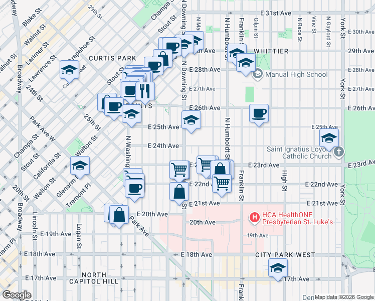 map of restaurants, bars, coffee shops, grocery stores, and more near 2334 North Downing Street in Denver