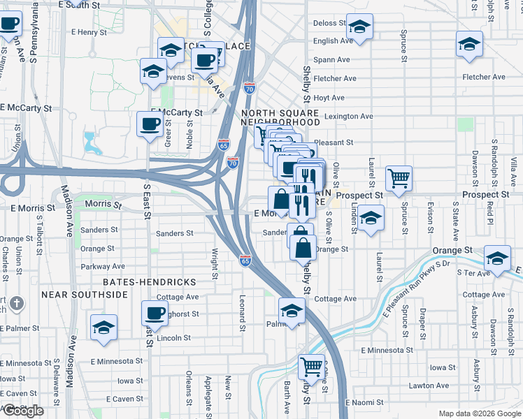 map of restaurants, bars, coffee shops, grocery stores, and more near 945 East Morris Street in Indianapolis