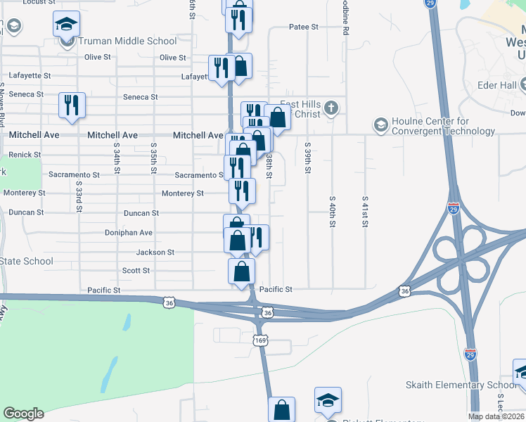 map of restaurants, bars, coffee shops, grocery stores, and more near 1614 South 38th Street in Saint Joseph