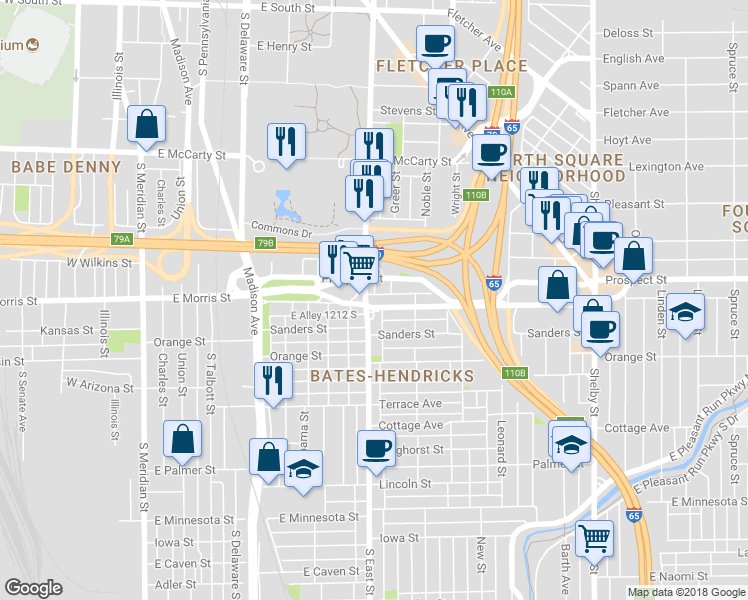 map of restaurants, bars, coffee shops, grocery stores, and more near 506 East Morris Street in Indianapolis