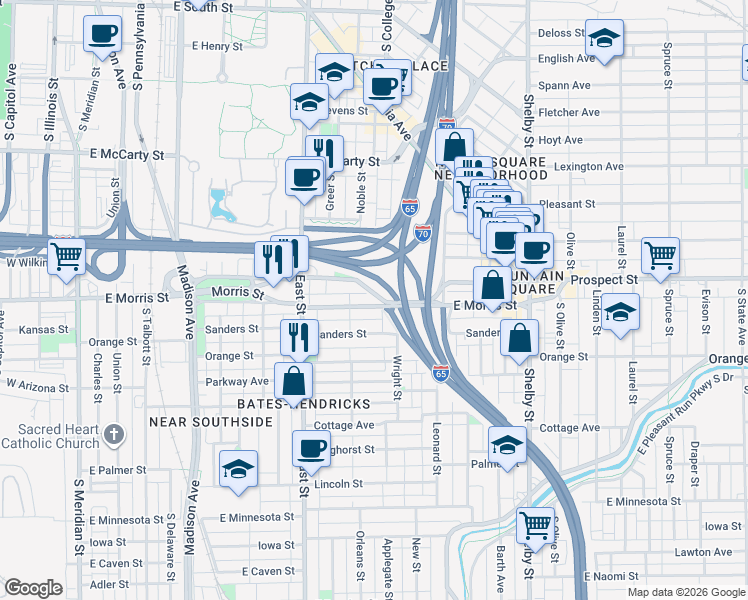 map of restaurants, bars, coffee shops, grocery stores, and more near 734 East Morris Street in Indianapolis
