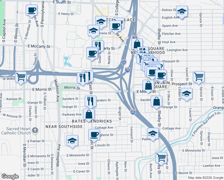 map of restaurants, bars, coffee shops, grocery stores, and more near 734 East Morris Street in Indianapolis