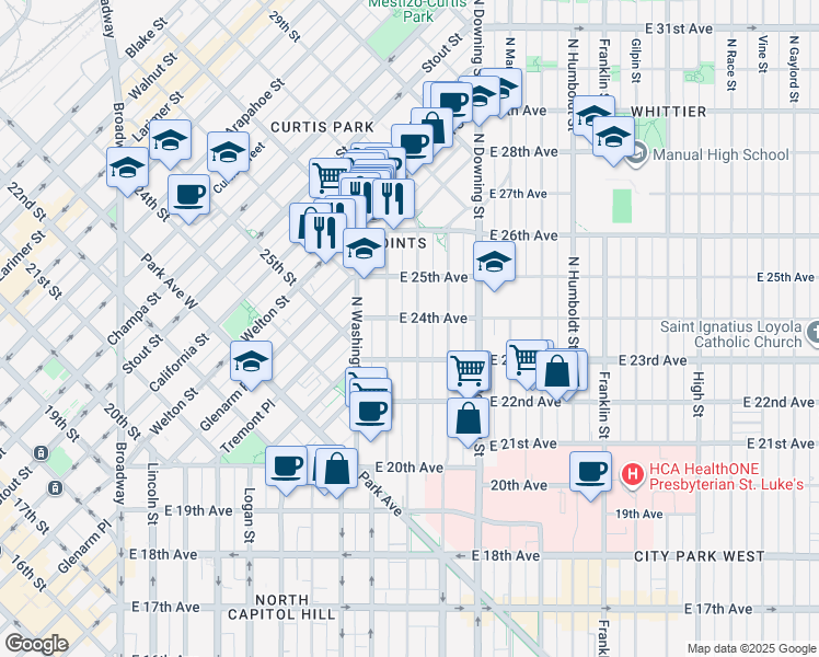 map of restaurants, bars, coffee shops, grocery stores, and more near 2301 Emerson Street in Denver
