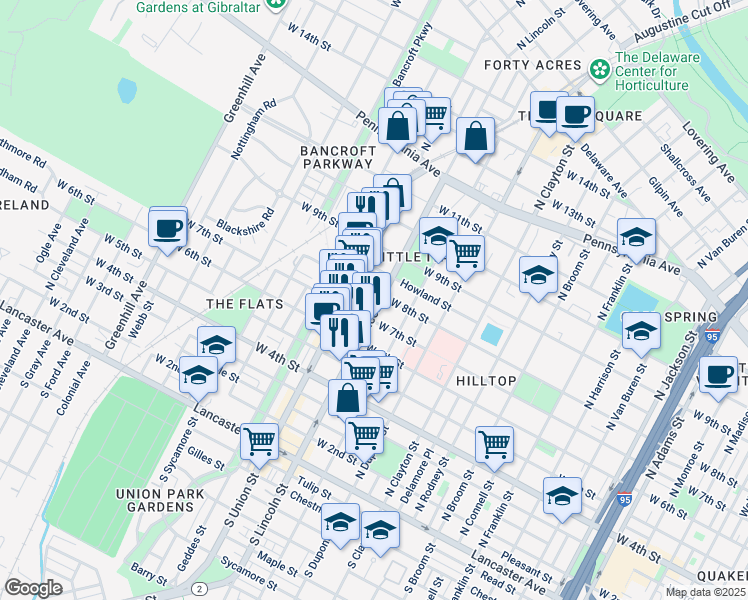 map of restaurants, bars, coffee shops, grocery stores, and more near 1904 West 8th Street in Wilmington