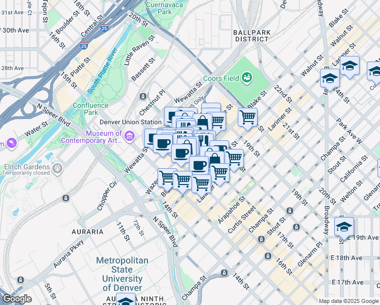map of restaurants, bars, coffee shops, grocery stores, and more near in Denver