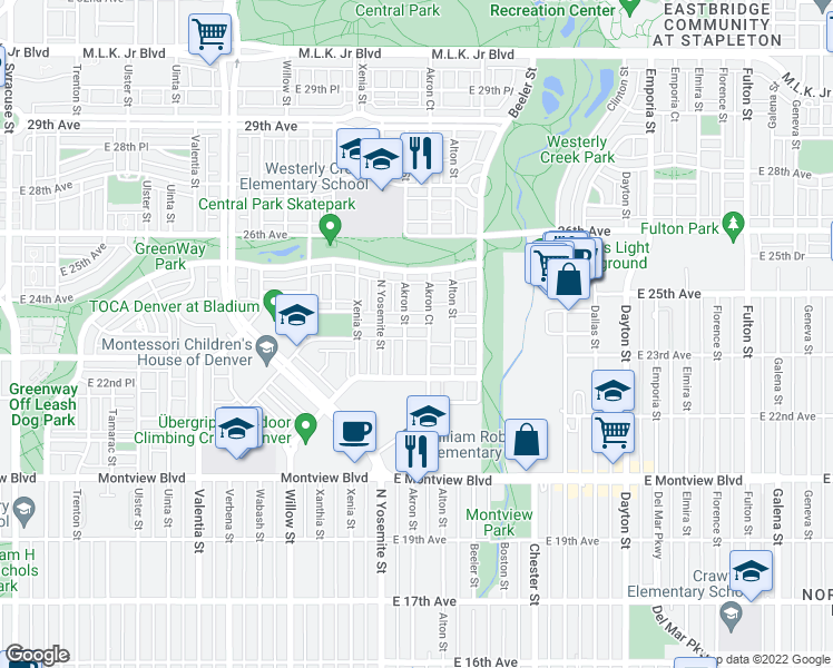 map of restaurants, bars, coffee shops, grocery stores, and more near 2377 Akron Court in Denver