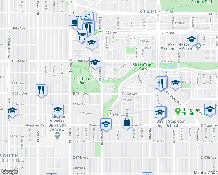 map of restaurants, bars, coffee shops, grocery stores, and more near 2290 Syracuse Street in Denver