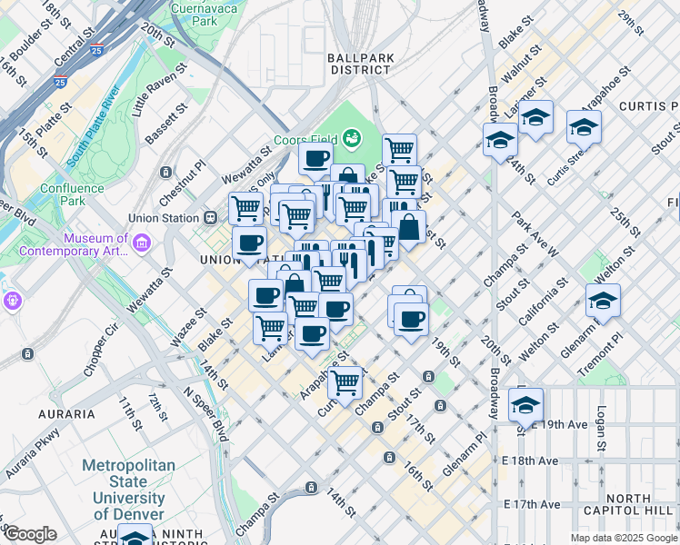 map of restaurants, bars, coffee shops, grocery stores, and more near 1800 Larimer Street in Denver