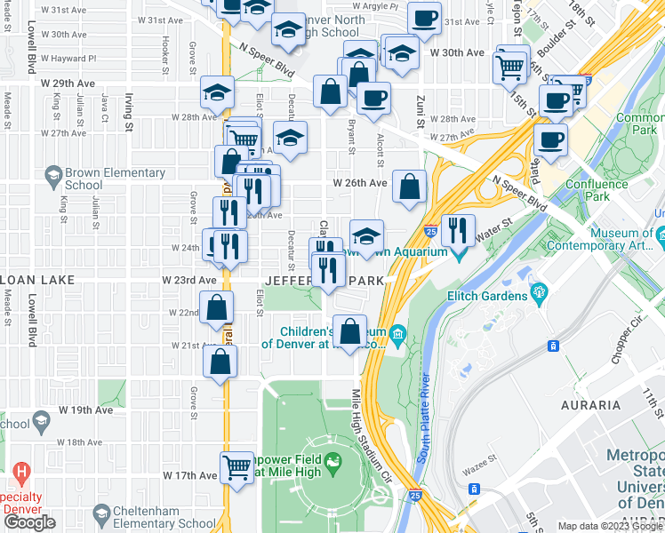 map of restaurants, bars, coffee shops, grocery stores, and more near 2607 West 23rd Avenue in Denver