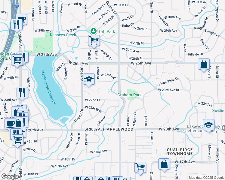 map of restaurants, bars, coffee shops, grocery stores, and more near 11600 Carmel Drive in Lakewood