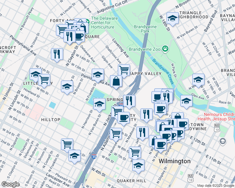 map of restaurants, bars, coffee shops, grocery stores, and more near 1011 Park Place in Wilmington