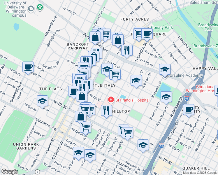 map of restaurants, bars, coffee shops, grocery stores, and more near 813 North Dupont Street in Wilmington