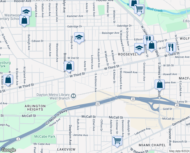 map of restaurants, bars, coffee shops, grocery stores, and more near 30 Bish Avenue in Dayton