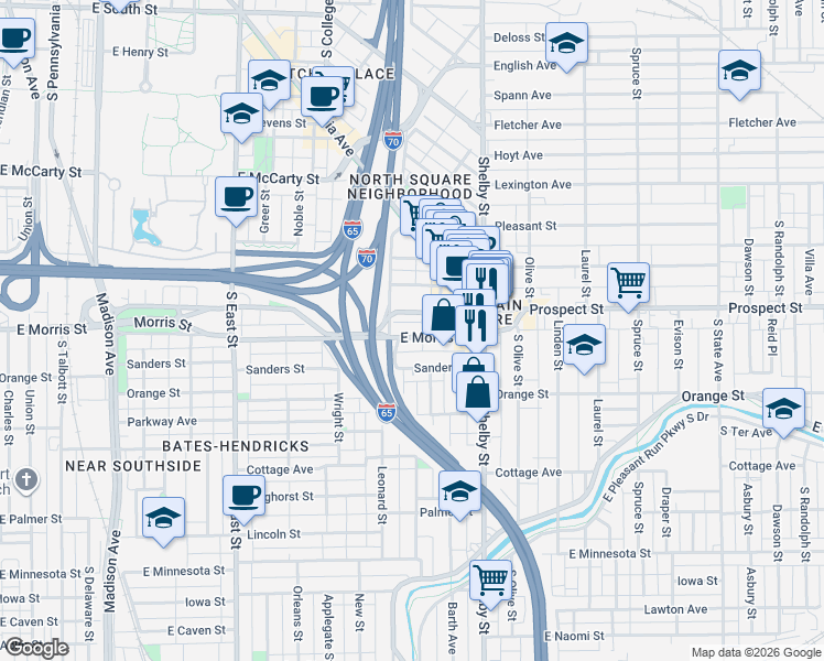 map of restaurants, bars, coffee shops, grocery stores, and more near 945 East Morris Street in Indianapolis