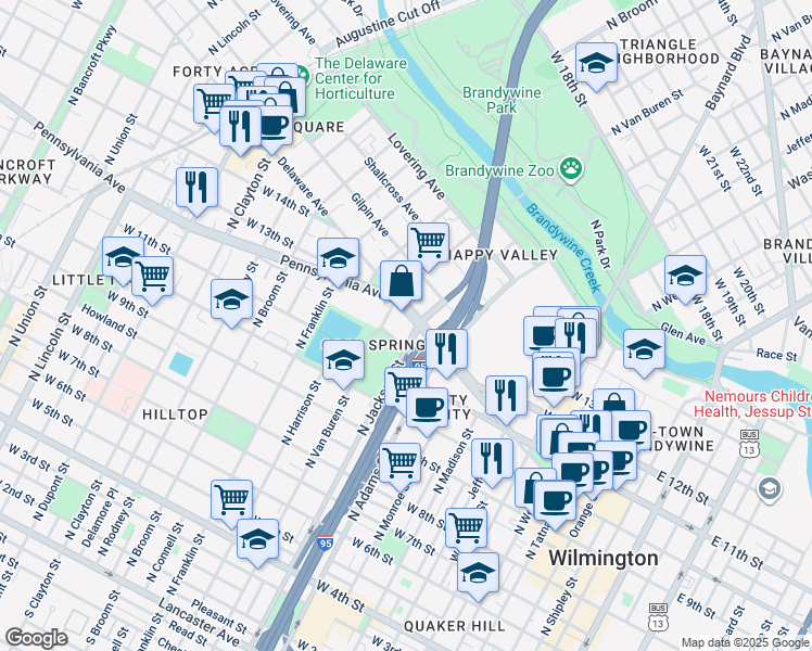 map of restaurants, bars, coffee shops, grocery stores, and more near 1014 Delaware Avenue in Wilmington